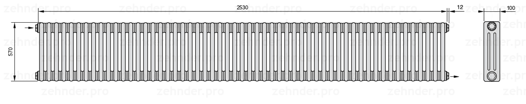Схема (чертеж) Радиатор Zehnder Charleston 3057/55 №1670 Technoline TL